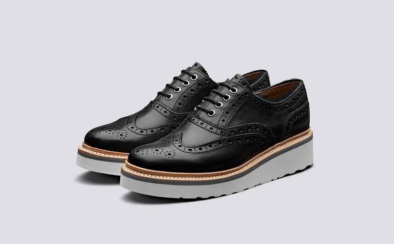 Grenson Emily Womens Oxford Brogue - Black Calf Leather with a Wedge Sole KP0723